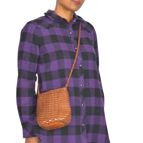 Vintage Ellepi Woven Bucket Bag Brown Leather Crossbody Drawstring Cottagecore - Picture 10 of 16